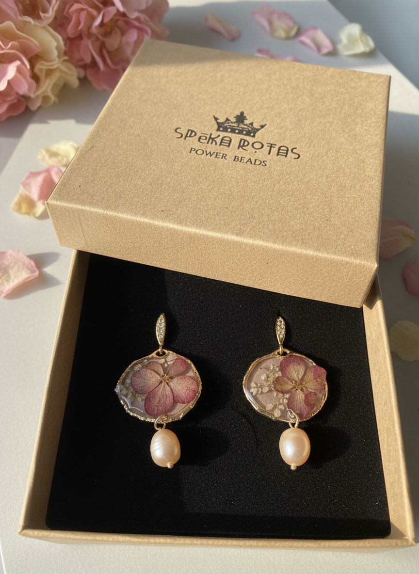 Apaļi auskari | Rudens hortenzijas ar pērlīti