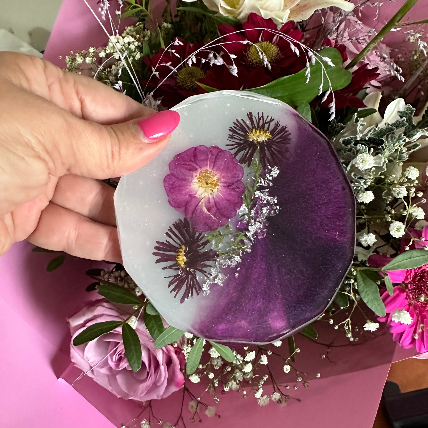 Purple set of 2 resin coasters with dried flowers