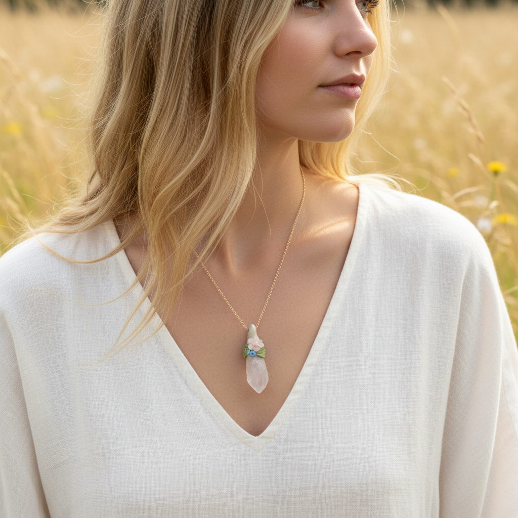 Kalnu kristāla amulets ar vienu ziediņu