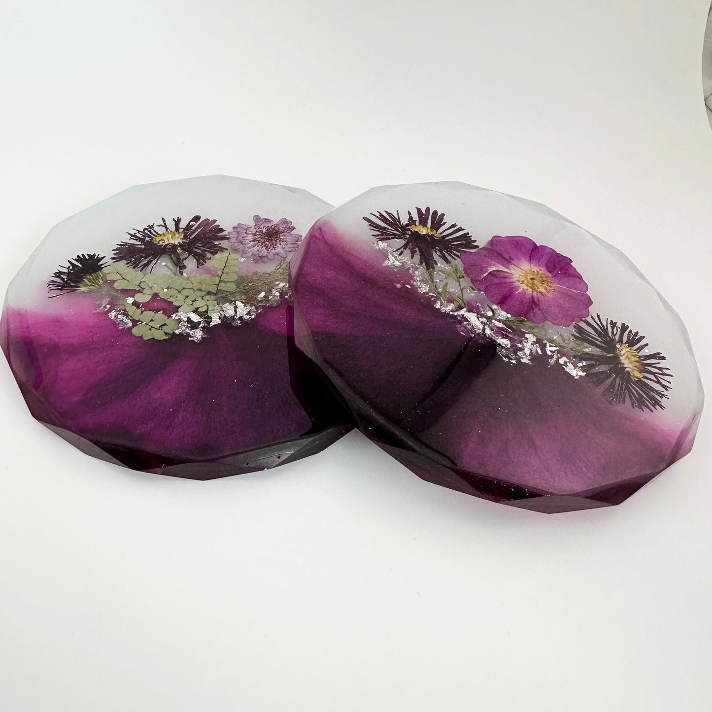 Purple set of 2 resin coasters with dried flowers