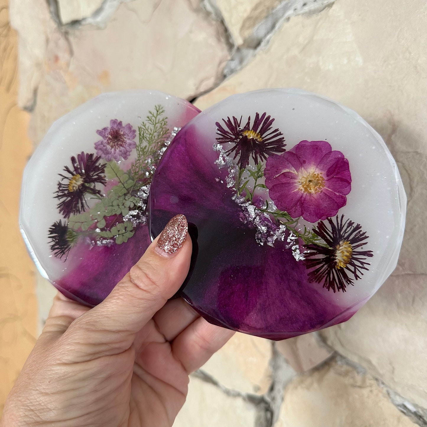 Purple set of 2 resin coasters with dried flowers