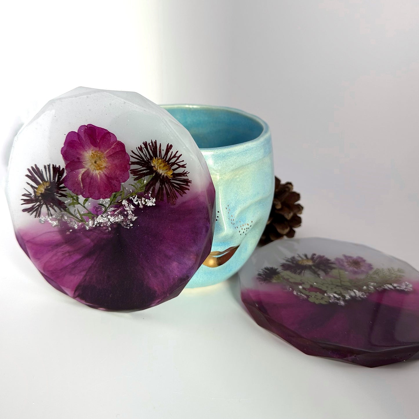 Purple set of 2 resin coasters with dried flowers
