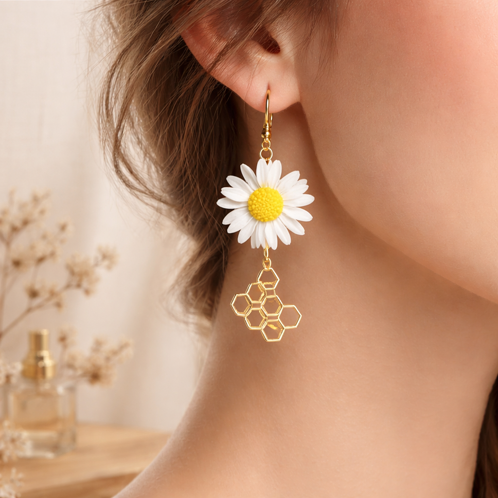 Margrietiņu auskari ar medus šūnām
