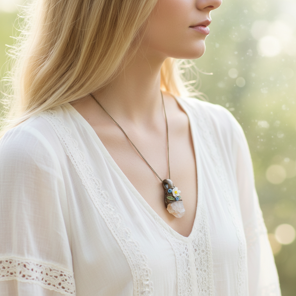 Kalnu kristāla amulets ar brūnu apdari un vienu ziediņu