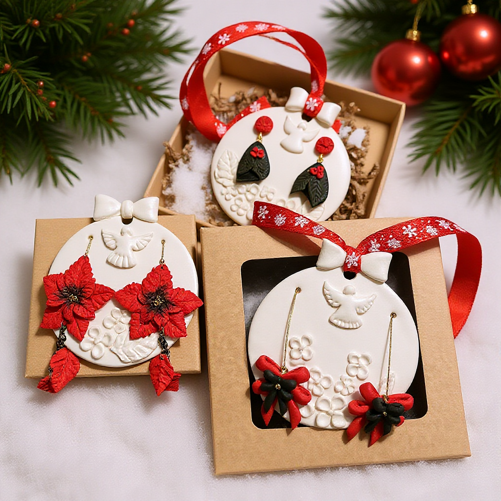 Ziemassvētku auskari dāvanai kopā ar eglīšu rotājumu | Puansentija