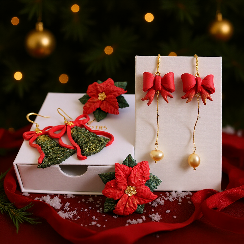 Ziemassvētku auskari dāvanai kopā ar eglīšu rotājumu | Svētku egle