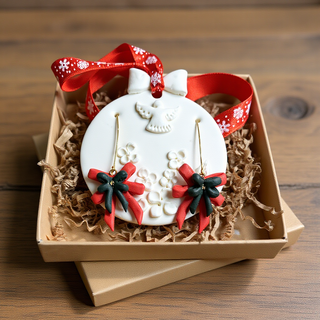 Ziemassvētku auskari dāvanai kopā ar eglīšu rotājumu | Dubulta bantīte