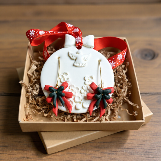 Ziemassvētku auskari dāvanai kopā ar eglīšu rotājumu | Dubulta bantīte