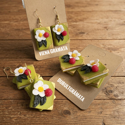 Auskaru gleznas “Grāmatas” ar ābeļziediem un avenēm