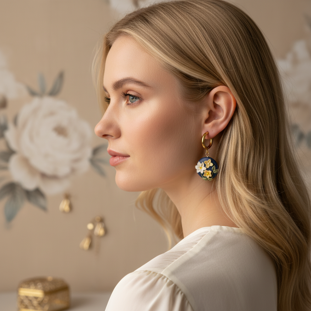 Auskaru glezna “Zilā ziedu pogaļa”