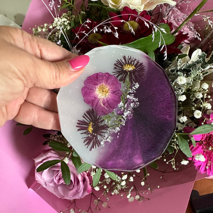 Purple set of 2 resin coasters with dried flowers