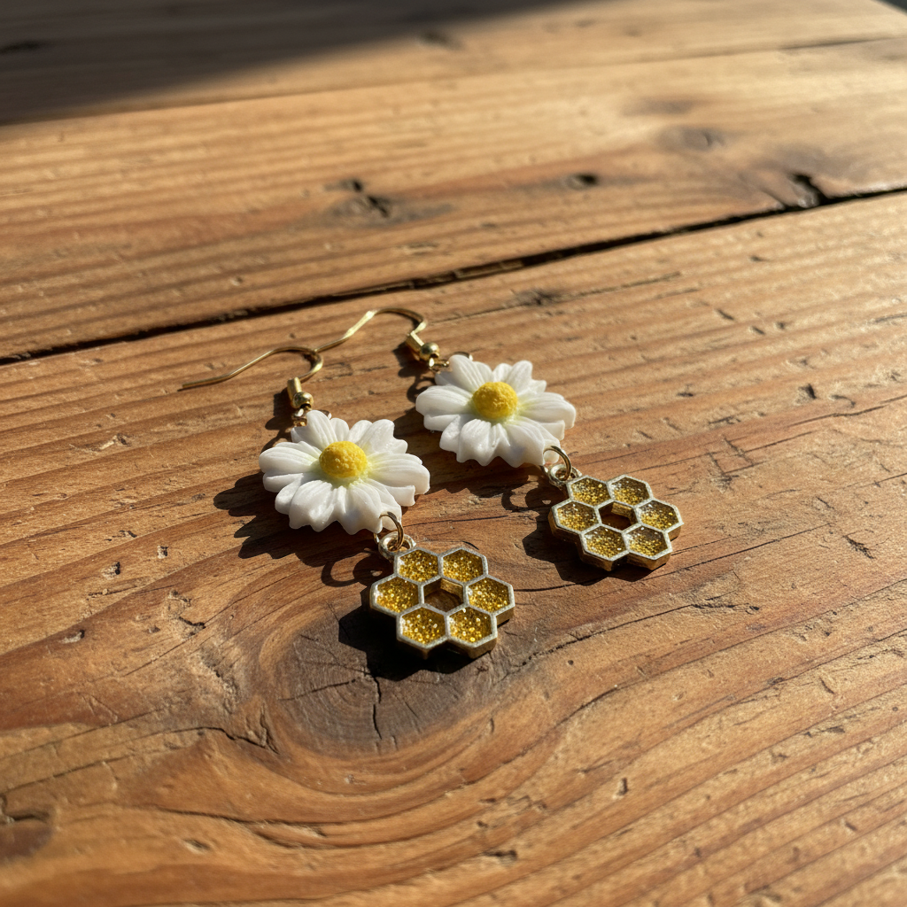 Margrietiņu auskari ar medus šūnām