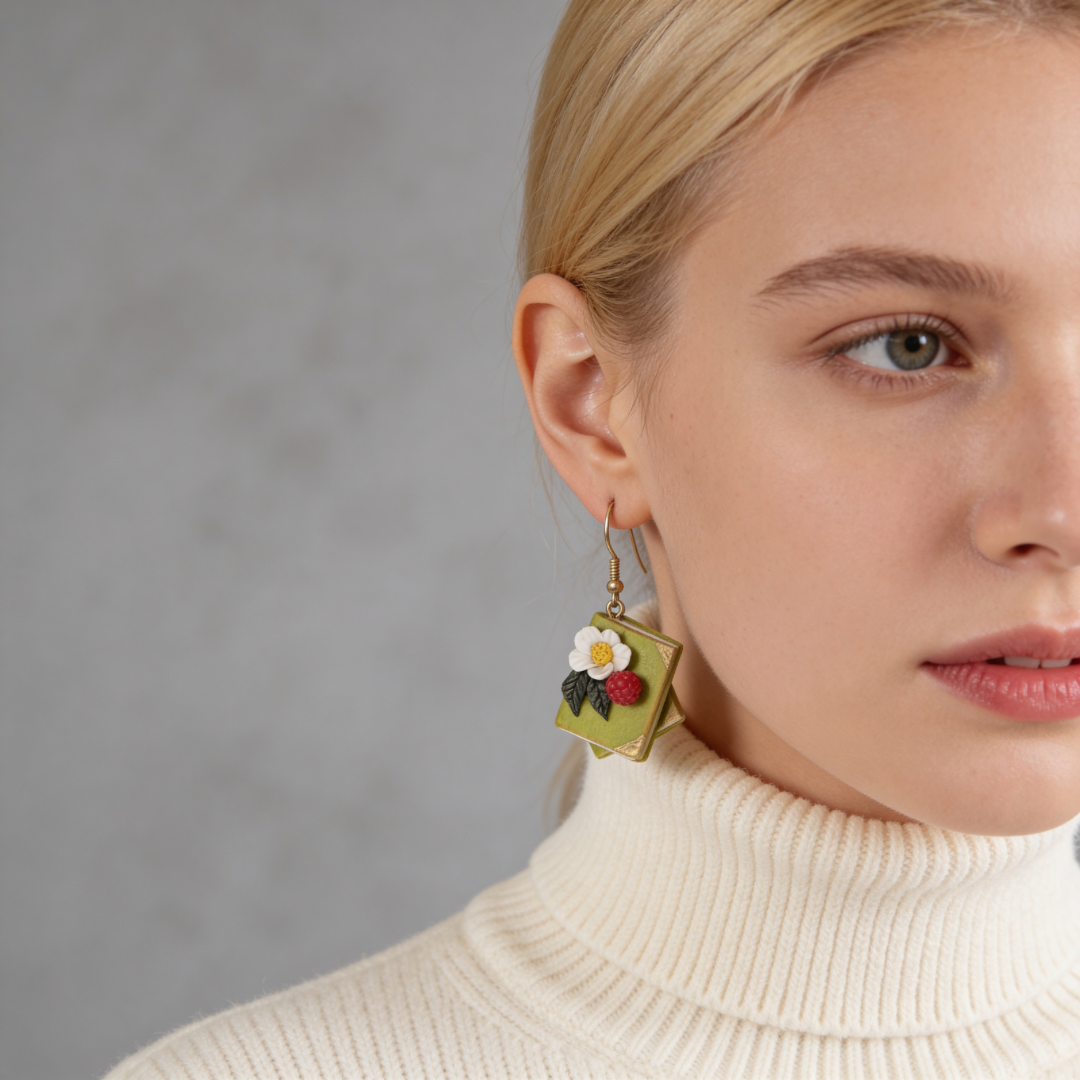 Auskaru gleznas “Grāmatas” ar ābeļziediem un avenēm