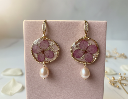 Apaļi auskari | Rudens hortenzijas ar pērlīti