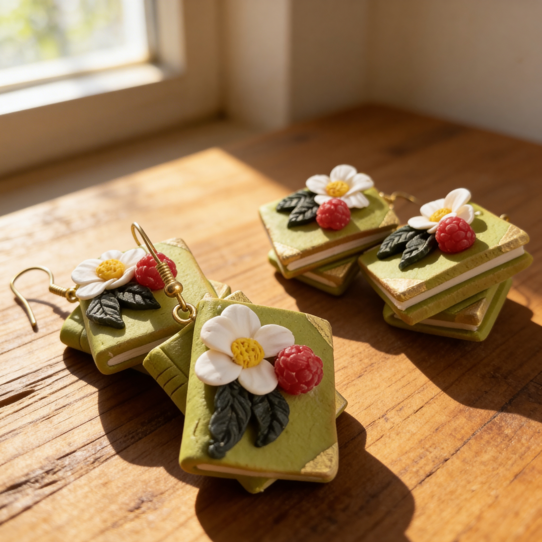 Auskaru gleznas “Grāmatas” ar ābeļziediem un avenēm