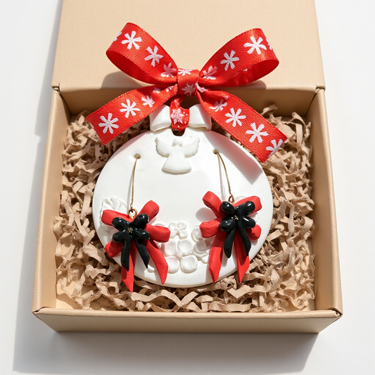 Ziemassvētku auskari dāvanai kopā ar eglīšu rotājumu | Dubulta bantīte