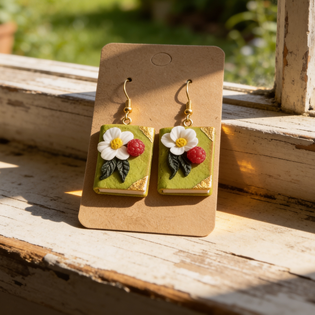 Auskaru gleznas “Grāmatas” ar ābeļziediem un avenēm