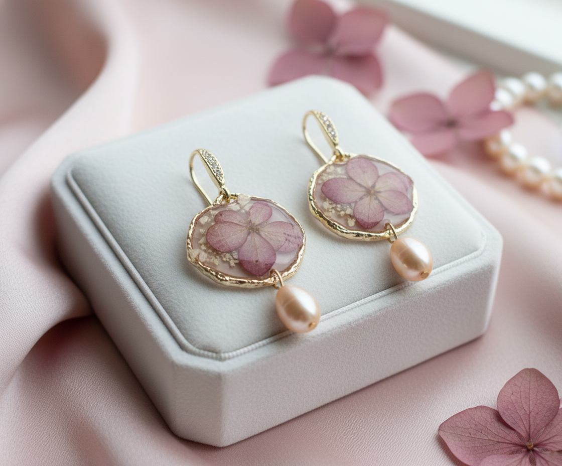 Apaļi auskari | Rudens hortenzijas ar pērlīti