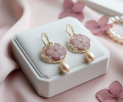 Apaļi auskari | Rudens hortenzijas ar pērlīti